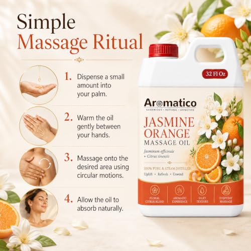 Image of AROMATICO Jasmine Orange Massage Oil for Skin & Body | Lightweight Professional Grade Refill Pack - 1000ml (1L Bulk)