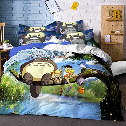 Cartoon Anime Totoro Cat Bedding Set Three-Piece Bed Linens Duvet Cover Bed Sheet Pillowcase Twin Full Bed Queen King Size (#9,King) (#9,King)