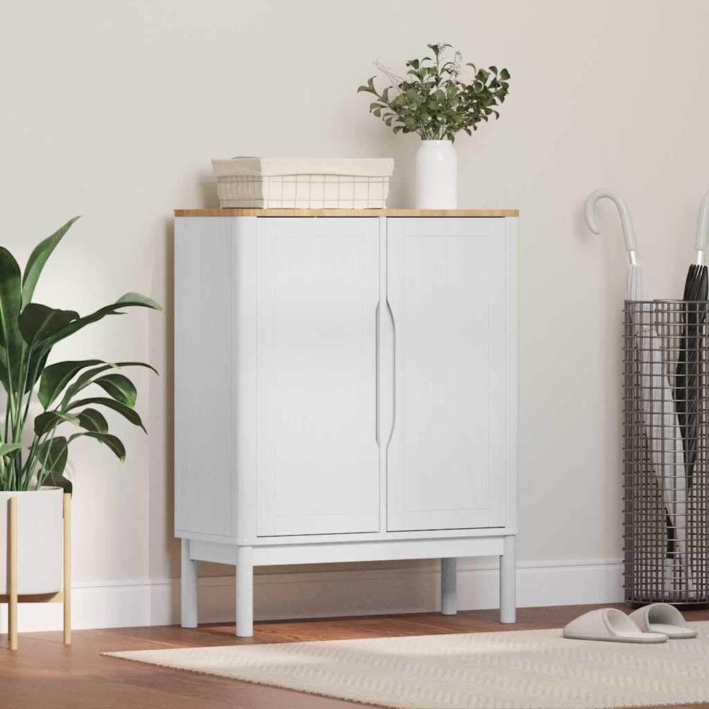 Credenza bianca, 70 x 30 x 70,5 cm, in legno massello di pino | Credenza compatta in legno di pino per soggiorno e camera da letto con 2 ante incernierate e aspetto senza maniglie.