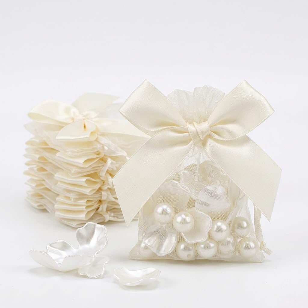 50Pcs White Organza Bags Medium - Organza Drawstring 10x15cm with Bow (Cream White 9×12cm)