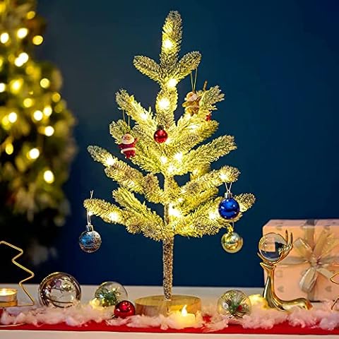 Luz de los árboles de Navidad, 50 Leds Pine Tree Lights con Nieve sintética, 50 cm White Christmas Decorative Lights Inside/Battery Opered Desktop Tree para Navidad Cover