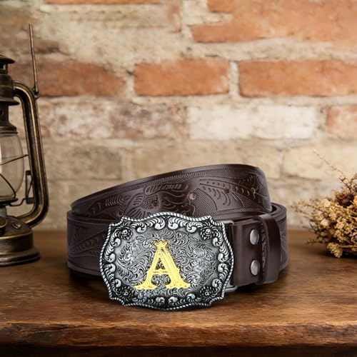 Image of Mens Western Cowboy Cowgirl Faux Leather Belt Longhorn Bull Pattern Letter Big Buckle Embossed Floral Belts
