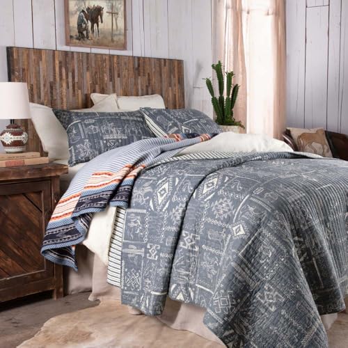 Rod's Exclusive Westward Trail Quilt - Classic Cowboy Chalk Motifs - Denim Blue - Cotton - Full/Queen Size (88x92in)
