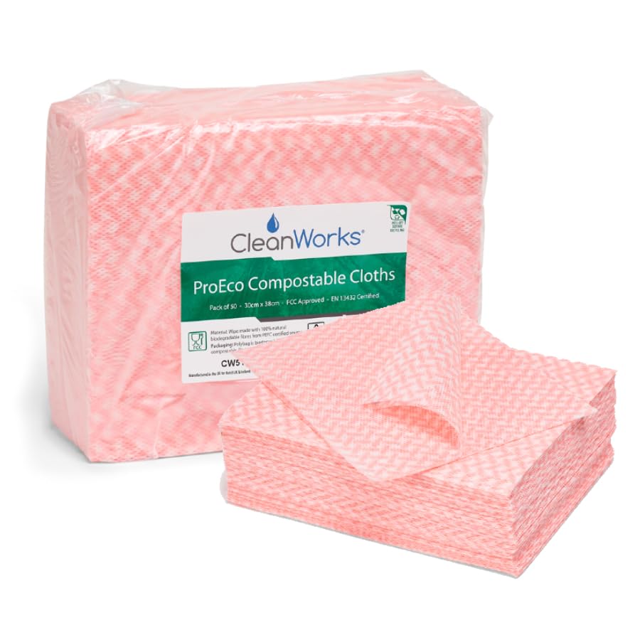 CleanWorks ProEco Compostable Cleaning Cloth Red, Fully Biodegradable, Made From Responsibily Sourced 100% Viscose Fibres, FCC approved (Pack of 50)