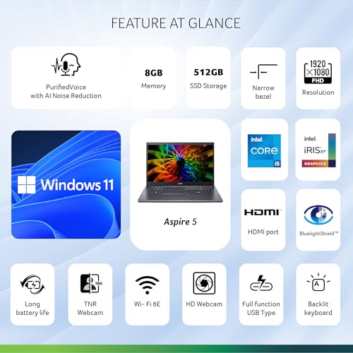 Image of acer Aspire 5 12th Gen Intel Core i3 Laptop (Windows 11 Home /8 GB RAM /512 GB SSD) A515-57 with 15.6 inch Full HD IPS Display, Fingerprint Reader, Backlit Keyboard, 1.76 KG, Steel Grey