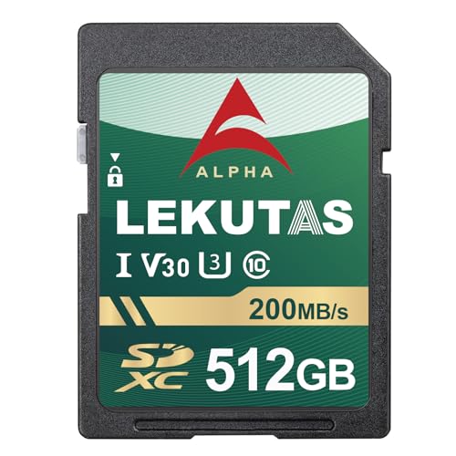LEKUTAS 512GB SDXC UHS-I Memory Card - Up to 200MB/s Read Speed, C10, U3, V30, 4K UHD, Full-HD & 4K Video SD Card for Canon Nikon Sony Fujifilm DSLR Cameras or Mirrorless Cameras