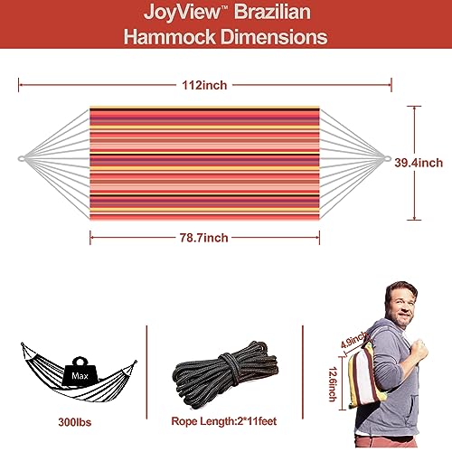 Image of JoyView Brazilian Hammock for Single Preson Portable Hammock with Hanging Ropes & Carry Bag Large 78.8x39.4 inch for Patio 300LBS Capacity Perfect for Outdoor /Indoor - Red Stripe