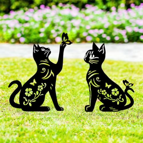 Lot de 2 piquets de Jardin décoratifs en métal pour Cour, Jardin, pelouse, décorations extérieures pour Les Amoureux des Chat. (Chat Noir A)