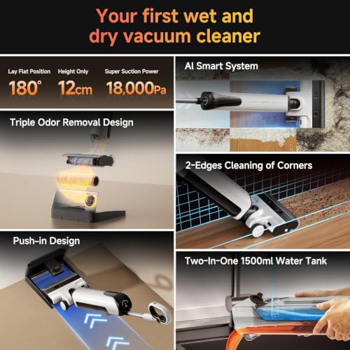 Image of uwant Wet Dry Vacuum Cleaner 180Lay-Flat Push-in Vacuum Mop All in One with 18000Pa Suction Auto Self-Cleaning Anti Odor Stick Dual-Edge Vacuum Cleaner Set of 1 for Hard Floor /Carpet D100