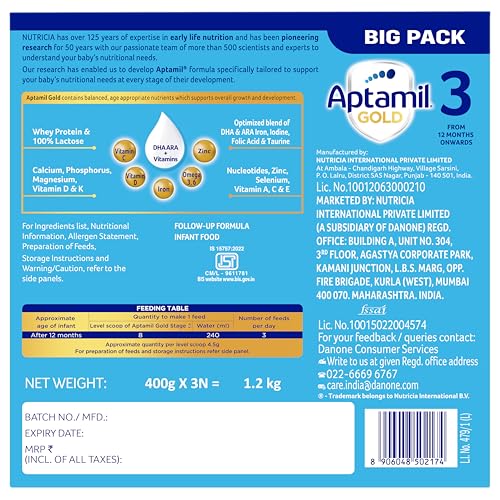 Image of Aptamil Gold Infant Formula Milk Powder for Babies - Stage 3 (6-12 Months) - with Prebiotics and DHA - 1.2 kgs - Large Pack