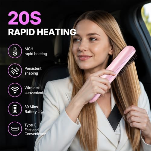 Cepillo alisador de cabello inalámbrico, alisador mini con 3 ajustes de temperatura, herramienta portátil para peinar y alisar cabello con calefacción MCH y cuidado iónico y cerámico para mujeres (rosa) miniatura 4