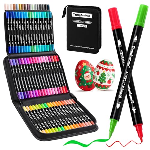Tongfushop 72 Couleurs Feutre Acrylique, Stylo Acrylique à Double Pointe pour Coloriage Adulte, Marqueur Peinture Acrylic Markers à Base d’Eau pour Pierre, Bois, Toile, Verre, Céramique, Plastique