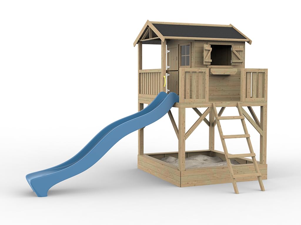 Stelzenhaus Funny XXL | 201x188x303 cm | KDI Kiefernholz | Mit Sandkasten & Blauer Rutsche | Veranda, Balkon & 150 cm Podest | Kinder Outdoor Spielhaus