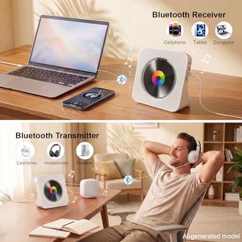 Image of Gueray CD Player Portable Bluetooth Desktop CD Player for Home with Timer Built-in HiFi Speakers with LCD Screen Display Boombox FM Radio USB Type-c (White)