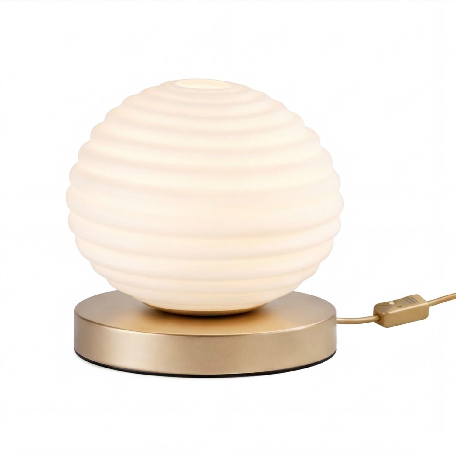Lampada da tavolo moderna in vetro e metallo bianco e oro con superficie rigata interruttore a cavo per soggiorno scrivania E27 16,5 cm Ø18 cm rotonda per camera da letto