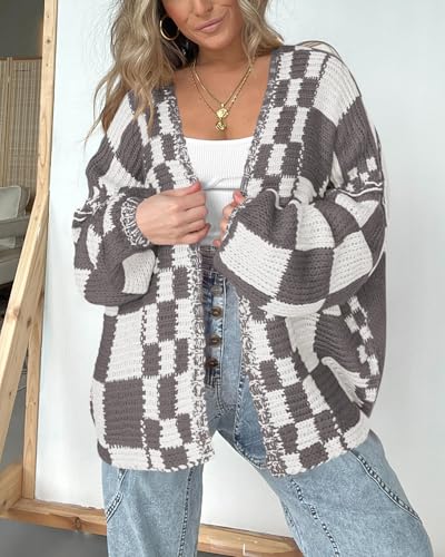 Image of BTFBM Casual Cardigan Sweater for Women Fall 2026 Long Sleeve Open Front Chunky Knit Sweaters Checkered Outwear Coat