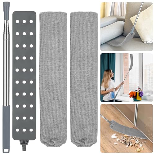 Image of Retractable Gap Dust Cleaner with 15-98 Inch Extension Pole, Flat Duster for Under Appliances and Furniture, Includes 2 Washable Microfiber Pads for High Ceilings and Hard to Reach Spaces