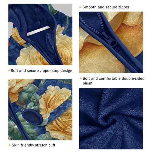 Golden Roses on Blue Toddler Fleece Jacket Girl Boys Hooded Fleece Jacket Coat Warm Outwear Zip-up 3-10T3