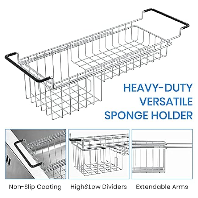 TreeLen Sink Caddy Sponge Holder Kitchen Sink Organizer Sponge Caddy Expandable 16.3 to 21 Farmhouse In-sink Accessories for Rag Detergent Brush Dish Washing Liquid Rack, Stainless Steel
