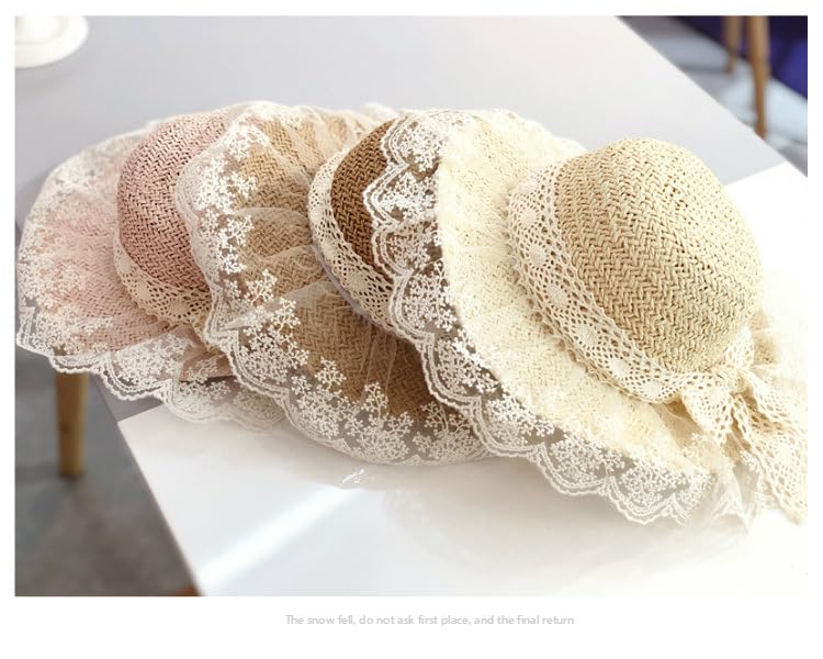 1PCS Kids Girls Straw Sun Visor Hat Lace Flower Breathable Summer Beach Hat with Wide Brim4