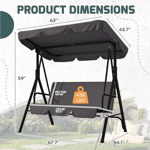 Image of AECOJOY 3-Seat Outdoor Clearance Porch Swings for Adults, Outdoor Patio Swing with Adjustable Canopy & Removable Cushion for Backyard, Garden, Balcony, Grey