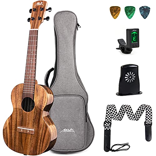 AKLOT Koa Concert Ukulele 23 Inch 4 String Hawaiian Acacia Ukulele with Humidifier Tuner Picks Strap Gig Bag for Beginners