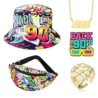 Pluvyze 5 Pcs Retro 90er Fischerhüte Set, mit 1 Bucket Hat 1 Halsketten 1 Gürteltaschen 1 Broschen 1 Ringe, Doppelseitig Fischerhüte Retro 90er Jahre Accessoires Unisex Fishing Hut für Frauen Männer