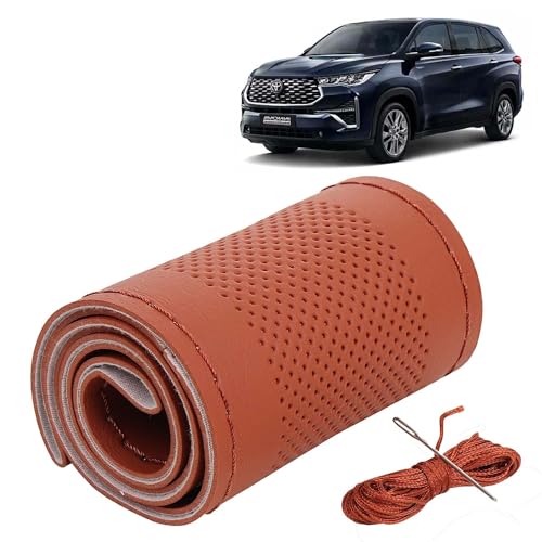 Image of KINGSWAY PU Leatherite Car Steering Cover Sewable Compatible with Toyota Innova Hycross (Year 2023 Onwards), Tan Color with Tan Thread, Pack of 1 with Sewing Needle and Thread