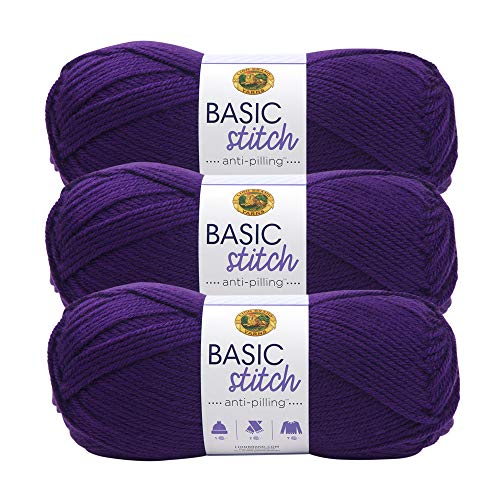 Image of Lion Brand Yarn Basic Stitch Anti-Pilling Yarn for Crocheting, Knitting, and Crafts, Purple, 3 Pack