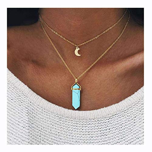 Luxcastle Boho Turquoise Necklace Layered Point Necklace Gold Dainty Moon Pendant Necklace for Women and Teens