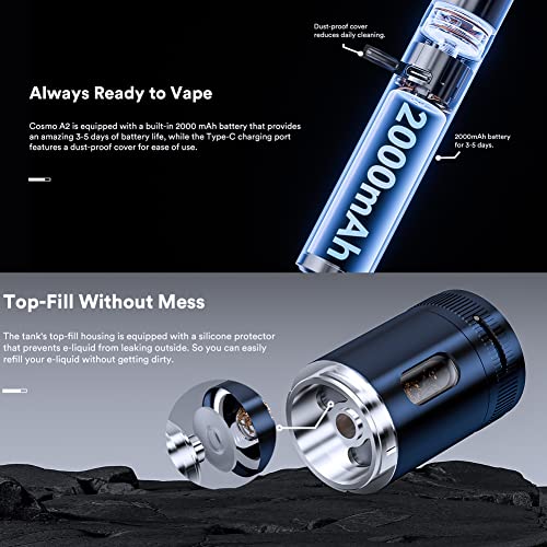 VAPTIO Cosmo A2 Kit Elektronische Zigarette 2000 mAh 25W Vape Pen mit 2 Stück 0,7 ohm(C6)/ 1,0 ohm(C5) Mesh Coil,No E Liquid No Nicotine – Bild 5