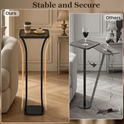 Image of Small Square Side Table, Drink Table with Weighted Base, Solid Wood & Metal Accent Table for Small Spaces, Pedestal End Table for Living Room, Bedroom, Office(Black + Walnut)