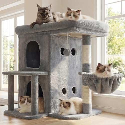Heybly Arbre à Chat, Tour de 65 cm pour Grands Chats avec Plateforme Spacieuse, Cabines Double Couche, Poteaux à Griffes en Sisal, Panier Confortable et...