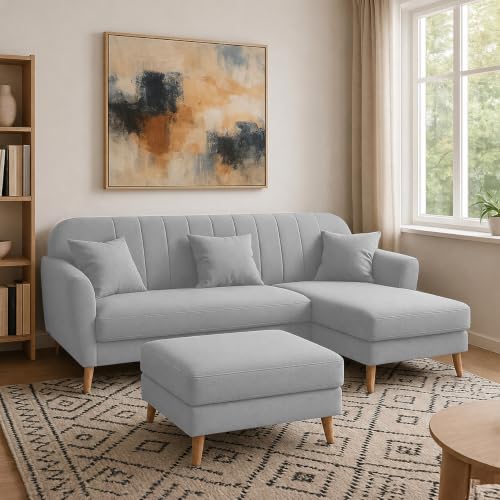 Image of Atticus RHS 4 Seater L Shape Sofa Set with Ottoman for Living Room (Grey Fabric) Premium Fabric Sofa Set