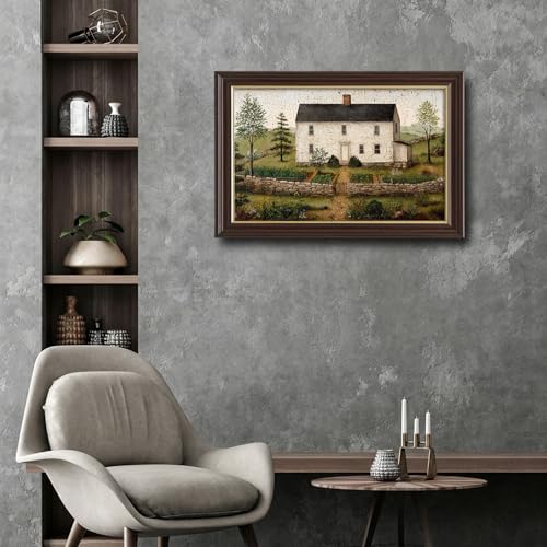 Image of Framed Vintage Colonial Farmhouse Canvas Wall Art, Primitive White House with Garden Canvas Prints Pictures, Antique Folk Art Wall Decor for Living Room Bedroom Farmhouse Kitchen