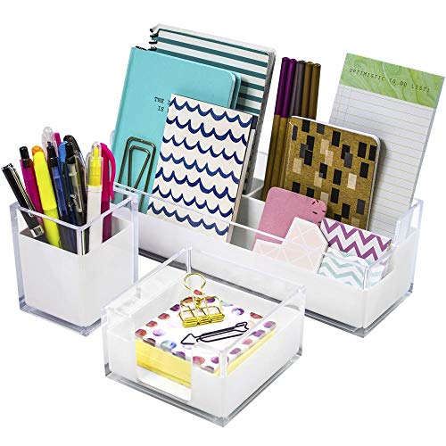 636643 Sorbus Acrylic Desk Organizers Set  3-Piece, Includes Desk Organizer Caddy, Memo Tray and Pen Cup, Modern Desk Accessories Organizer Great for Home or Office, White Clear (Desk Organizer Set)