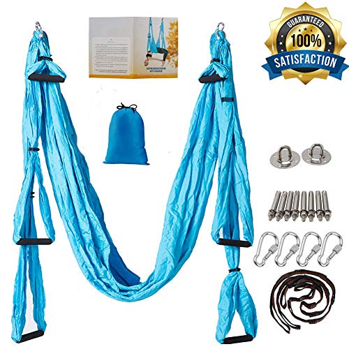 oremila Aerial Yoga Swing/Sling Kit/Trapeze for Back Pain Relief, Antigravity Yoga Hammock with Daisy Chains, Heavy Duty Carabiners, Hanging Straps and Thick EVA Handles (Blue)