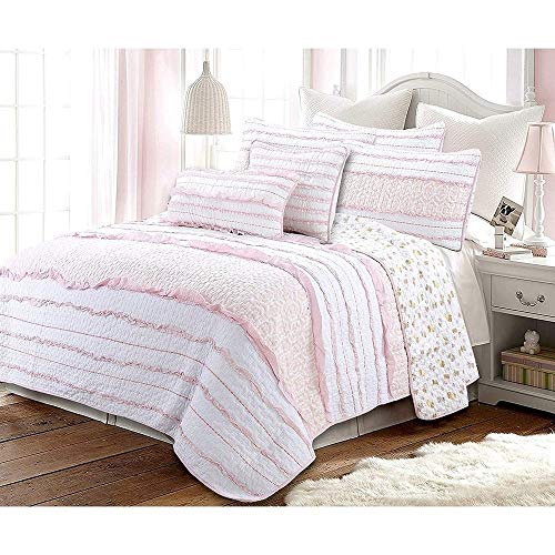 2 Piece Twin All Season Casual Princess Ruffle Cotton Quilt Set, Beautiful Reversible Geometric Design Girls Bedding Set, Charming Attractive Ultra Soft Comfy Durable Warmth Colorful Pink Quilt Set