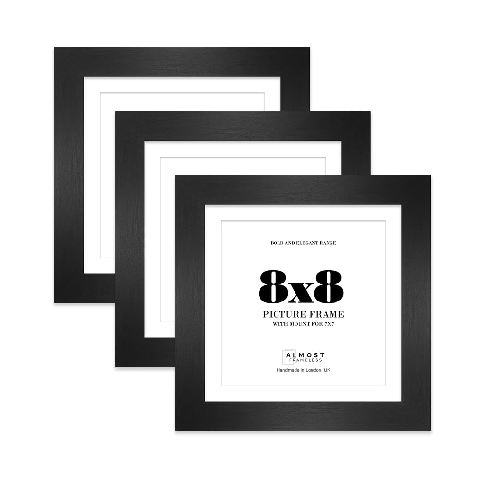 8x8" Black Square Frame With Mount for 7x7" Pictures 28mm Edge Frame Display with Wall Hooks and Kickstand, 3 Pack