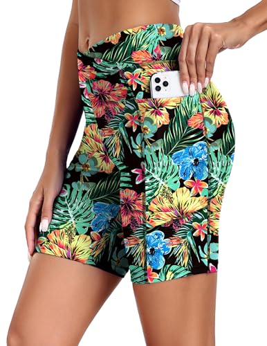 Ekouaer Short de Bain Femme Legging de Bain Femme Shorty Sport Maillot de Bain Taille Haute Contrôle du Ventre avec Poches,Imprimé M