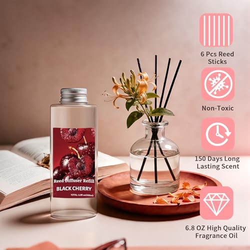 Image of STRN Reed Diffuser Oil Refill, Black Cherry Scented Diffuser Oil Refills with 6 Reed Sticks 200ML(6.8fl.oz), Room Fresheners for Home, Long-Lasting Summer Fragrance for Living Room, Bedroom, Office
