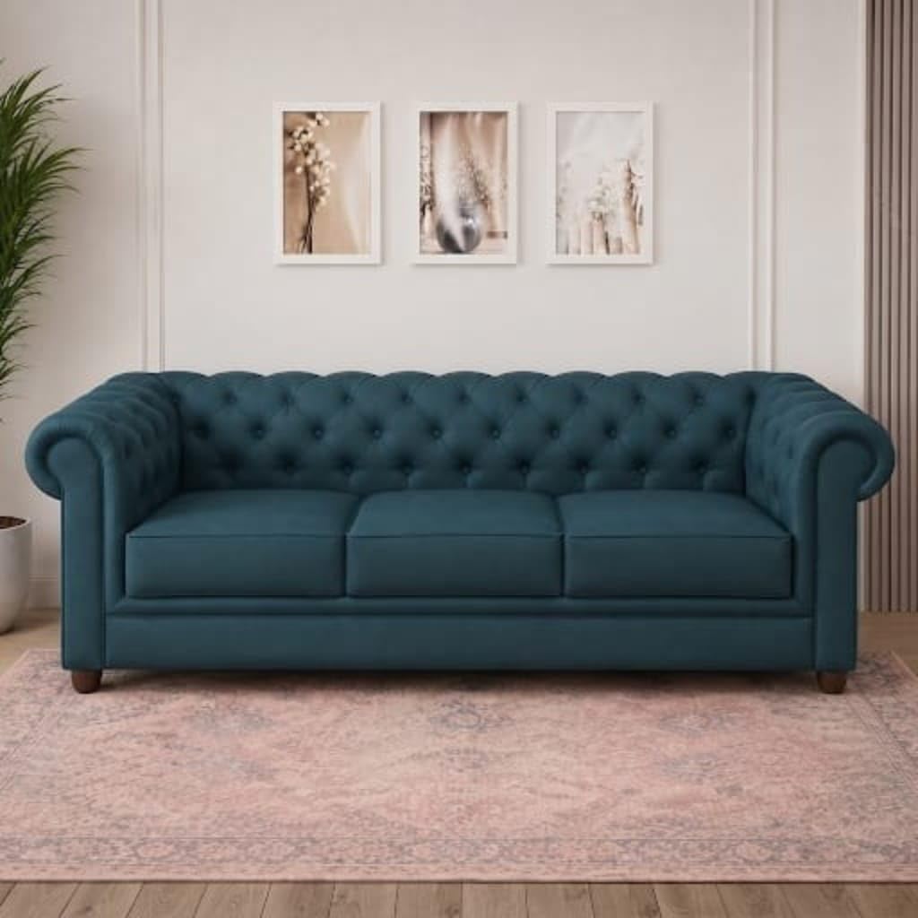 3 Seater Chesterfield Velvet Sofa, Upholstered Living Room Couch with Deep Button Tufted Backrest, Rolled Arms, Comfortable Cushioned Sofa for Living Room, Office & Lounge | Teal Blue-image-17