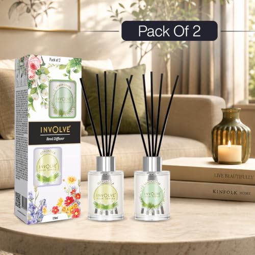 Image of Involve Pura Reed Diffuser Set (Pack of 2) - Lemongrass & Citronella - 120 ml | Oil Diffuser with Free 10 Reed Sticks | Room Freshener for Home, Bedroom | Gifts Set | New Home Gift Items Useful