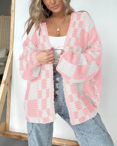 Image of BTFBM Casual Cardigan Sweater for Women Fall 2026 Long Sleeve Open Front Chunky Knit Sweaters Checkered Outwear Coat