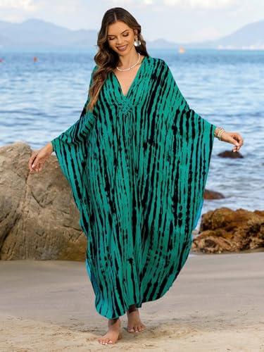 Image of IMAGEKOPE Women's Plus Size Animal Print V-Neck Batwing Kaftan Beach Dress Bathing Suit Cover-Up Loungewear