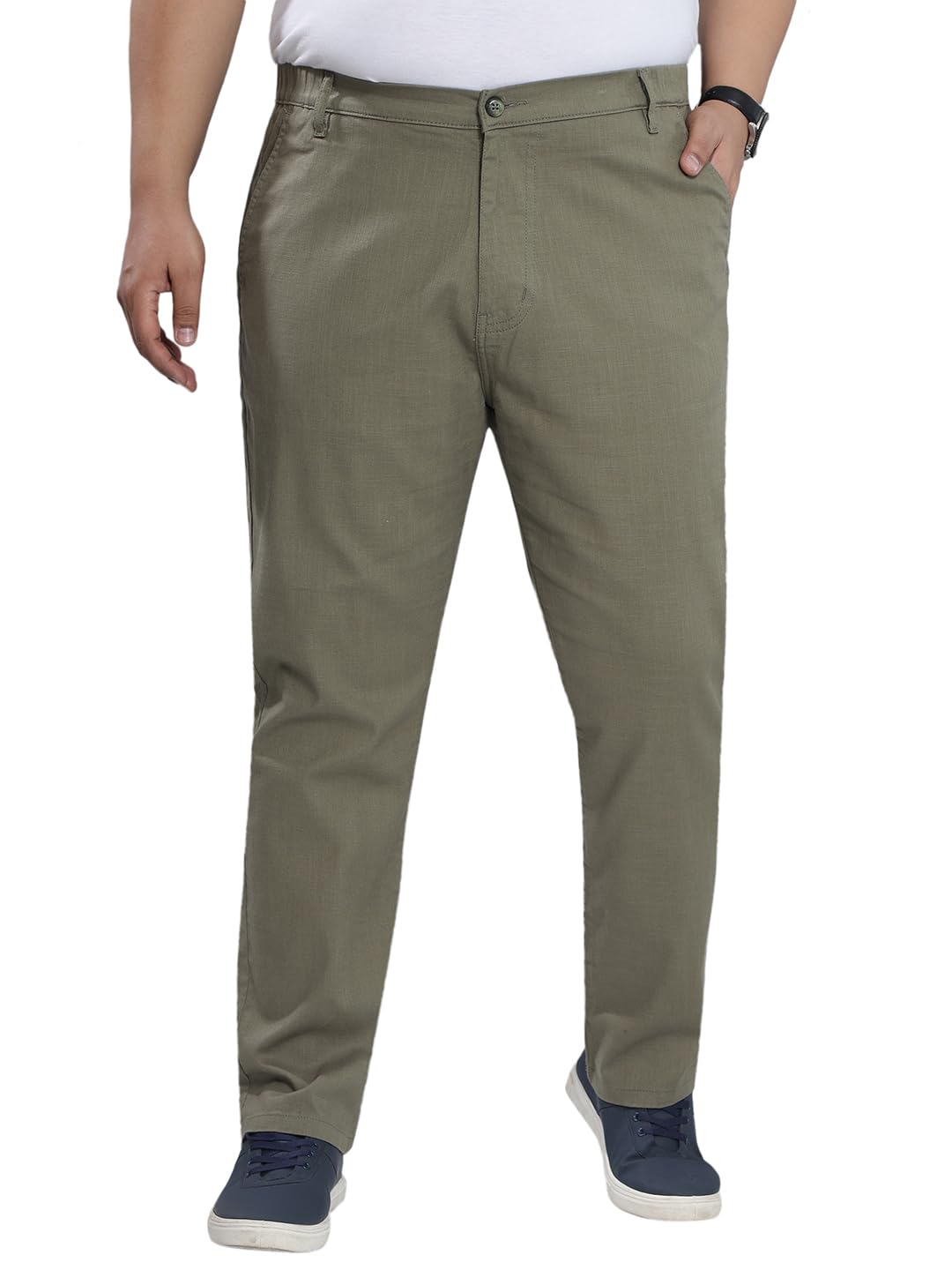 john pride Plus Size Men Regular Fit Mid-Rise Cotton Linen Olive Elasticated Waist Casual Trouser (JPTR21056_Olive)-picture-19