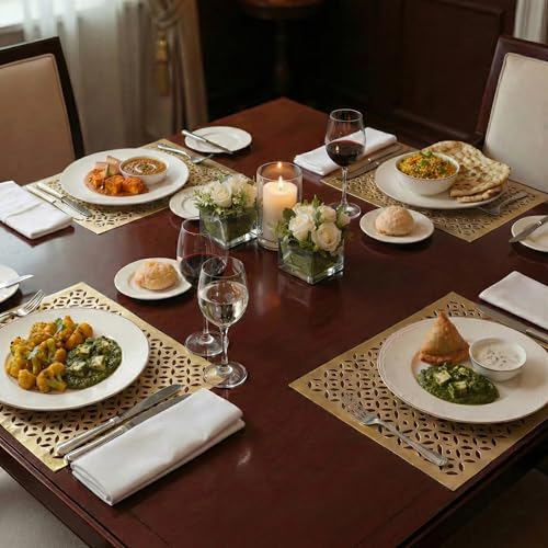 Image of Heart Home Leather Rectangular Table Mats Set of 6 | Washable Placemat /Dining Table Mat for Party, Wedding and Family Functions | Golden