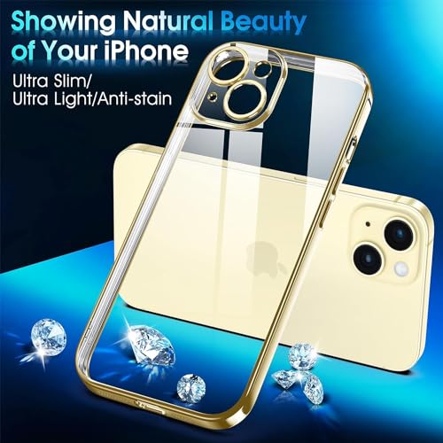 Image of Elzzi Electroplated Clear Transparent Cover for iPhone 15 Plus Case 6.7 inch Luxury TPU Cover Full Body & Camera Protection for Each Lens (Gold)