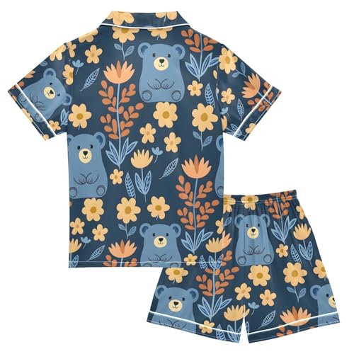 ALAZA Bear Flower Navy Blue Pajamas Satin Pajama Set Short Sleeve Button Down Sleepwear2