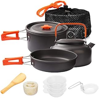 Gutsdoor Camping Cookware Set Camping Cooking Set Non Stick Family Backpacking Cooking Set Lightweight Stackable Pot Pan Kettle Bowls with Storage Bag for Outdoor Hiking (10 Piece / Set)